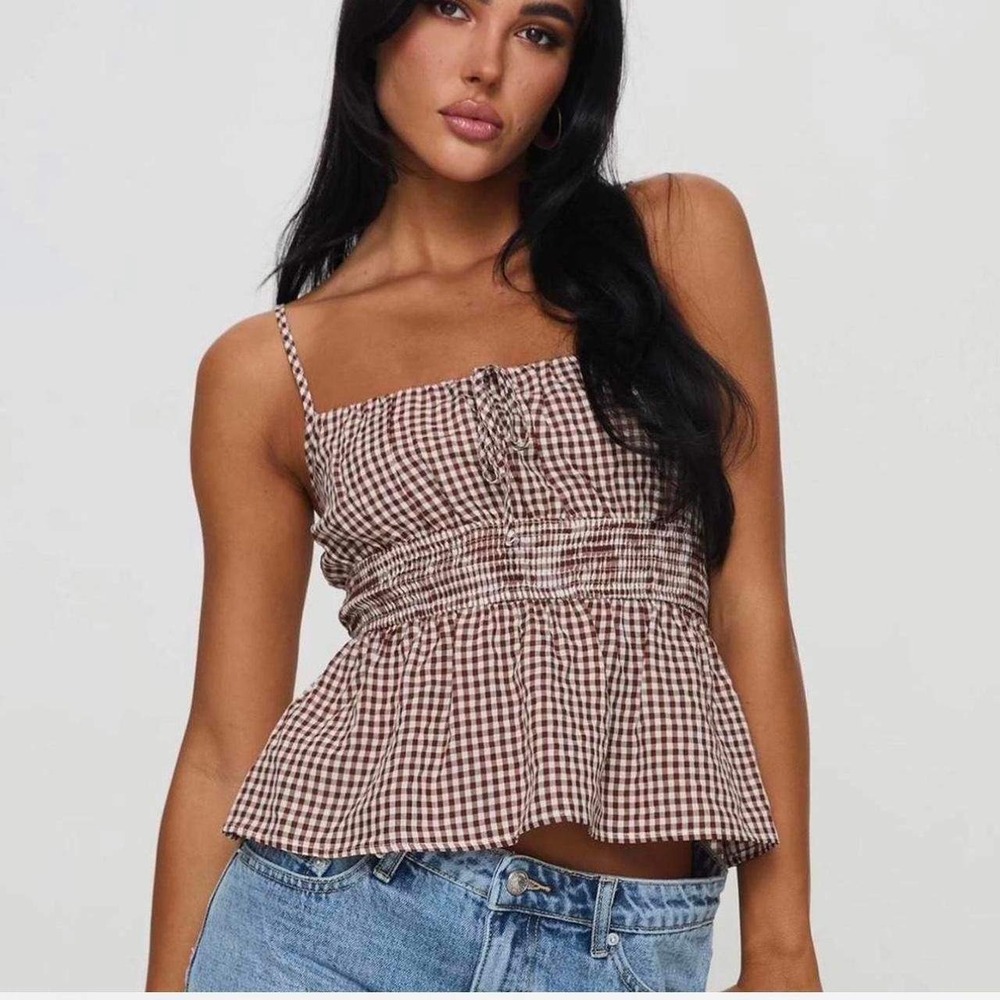 Princess Polly Ansilin Shirred Tie Front Cami Peplum Top Gingham Smocked Dainty